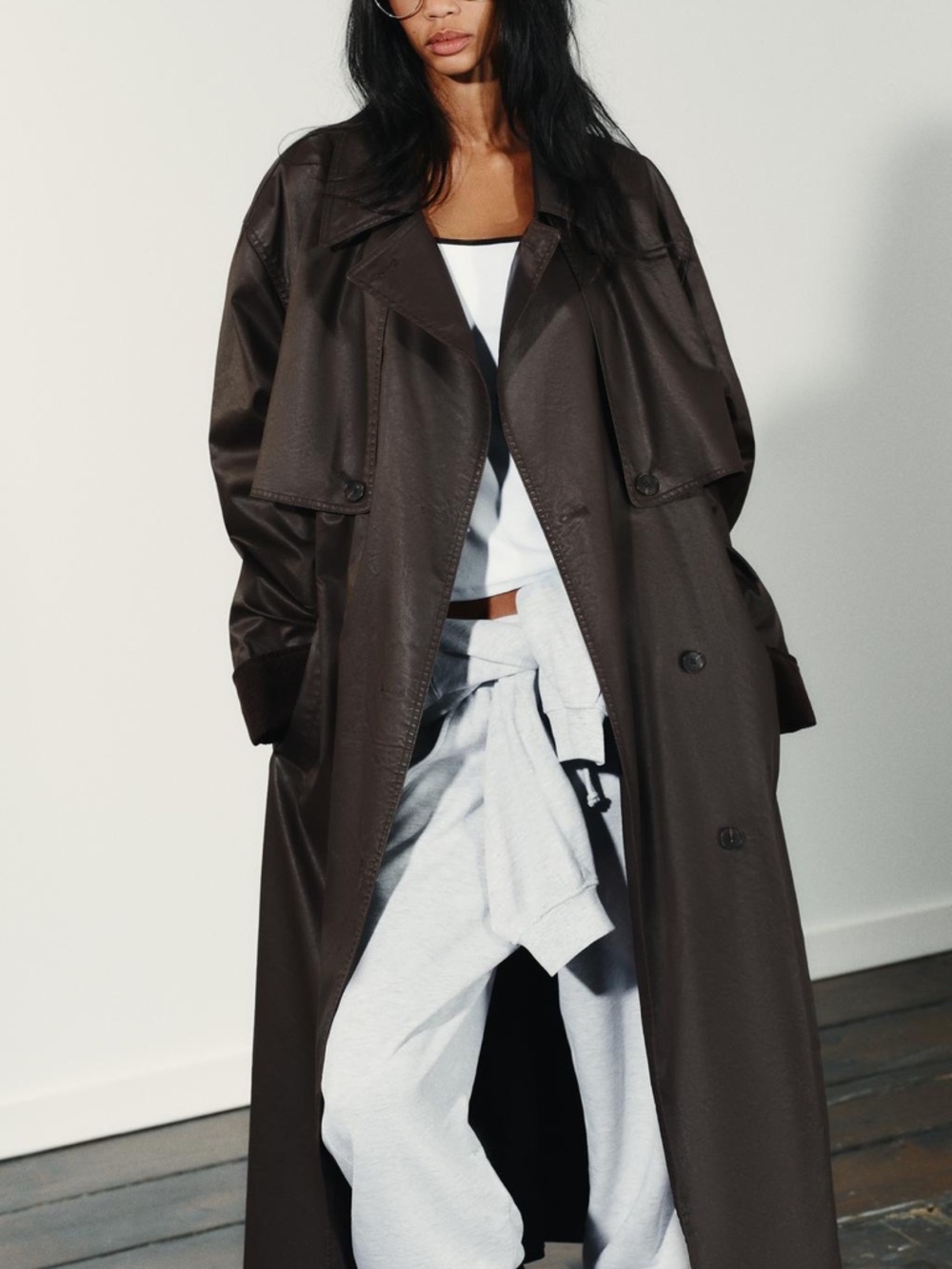 Zara Trench Cordoroy Cuffs Coat Waxing and Dark Brown Long Belted NWT - Picture 3 of 16